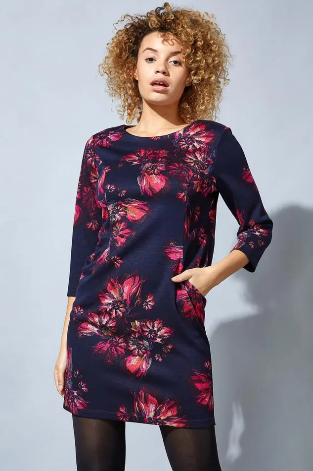 Fuchsia Abstract Floral Shift Dress Women Roman Dresses