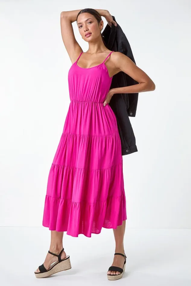 Fuchsia Plain Tiered Midi Dress Women Roman Dresses