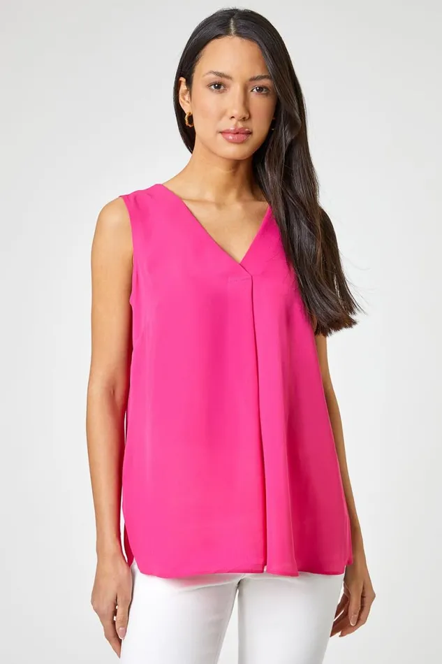 Fuchsia VNeck Sleeveless Vest Pleat Top Women Roman Tops