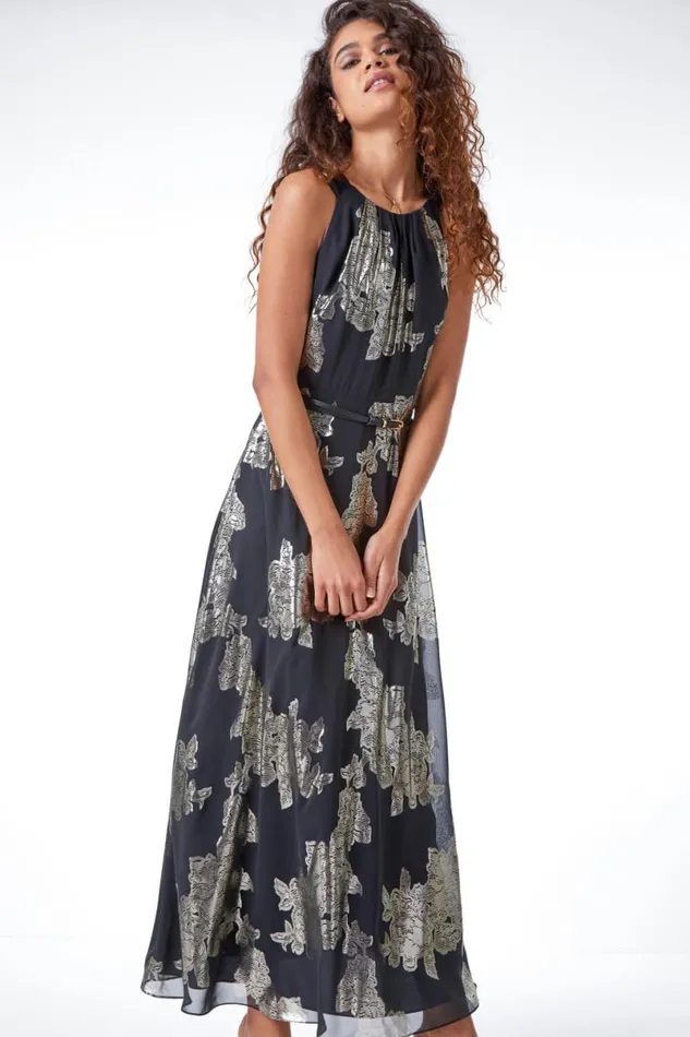 Gold Floral Foil Print Maxi Dress Women Roman Dresses