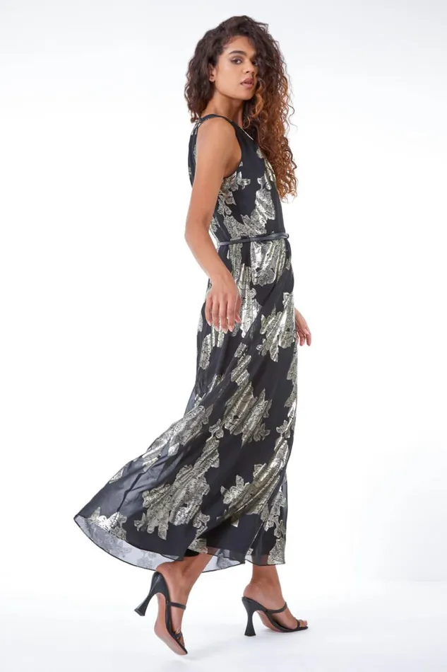 Gold Floral Foil Print Maxi Dress Women Roman Dresses
