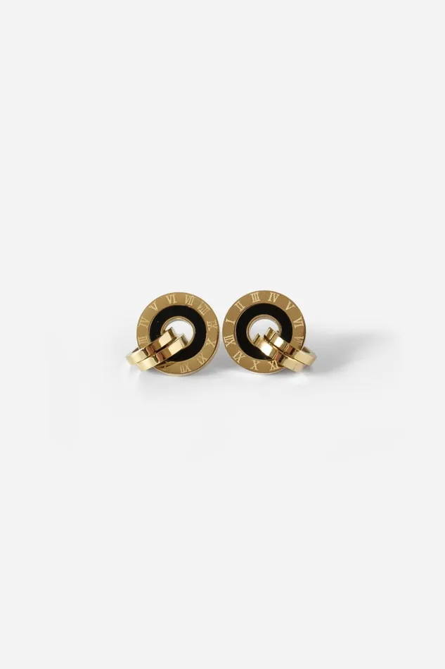 Gold Mini Hoop Clock Stud Earrings Women Roman Jewellery