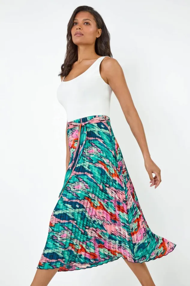 Green Abstract Belt Detail Pleated Midi Skirt Women Roman Skirts