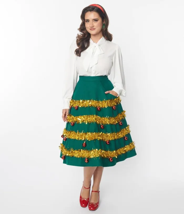 Green and Gold Tinsel and Ornament Soda Shop Swing Skirt ClothingPlus Unique Vintage Skirts Green and Gold Tinsel and Ornament Soda Shop Swing Skirt ClothingPlus Unique Vintage Skirts