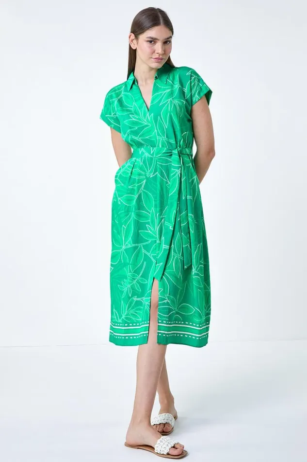 Green Border Leaf Print Midi Dress Women Roman Dresses