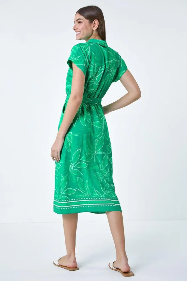 Green Border Leaf Print Midi Dress Women Roman Dresses