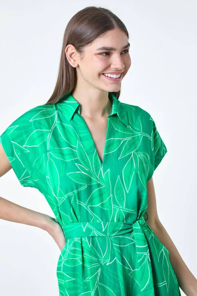 Green Border Leaf Print Midi Dress Women Roman Dresses