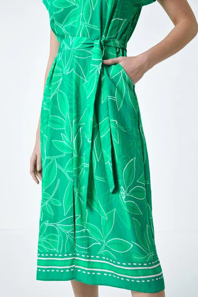 Green Border Leaf Print Midi Dress Women Roman Dresses