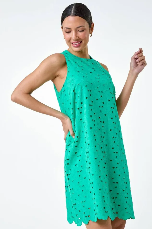 Green Cotton Embroidery Detail Shift Dress Women Roman Dresses