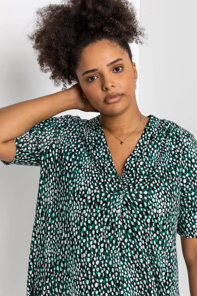 Green Curve Abstract Spot Print Pocket Dress Women Roman Dresses