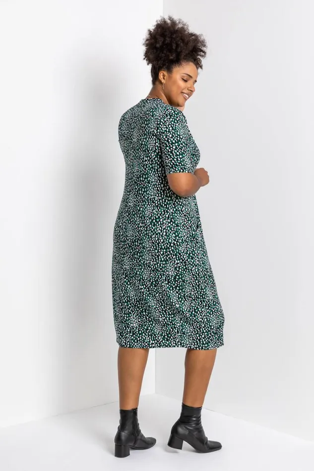 Green Curve Abstract Spot Print Pocket Dress Women Roman Dresses