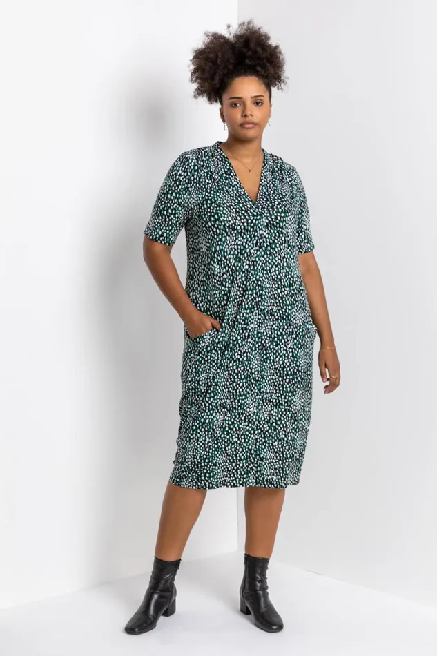 Green Curve Abstract Spot Print Pocket Dress Women Roman Dresses