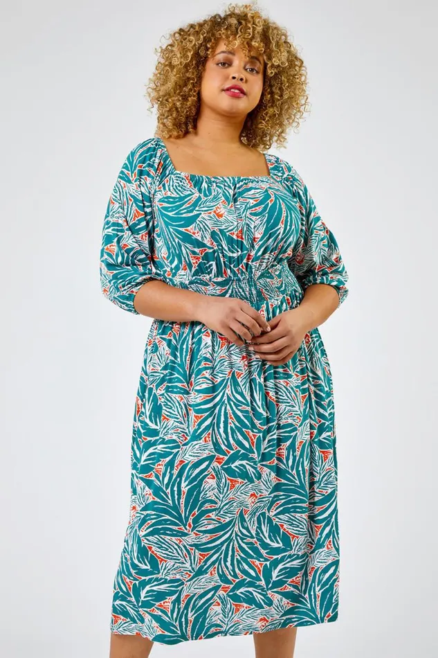 Green Curve Palm Leaf Print Shirred Midi Dress Women Roman Dresses