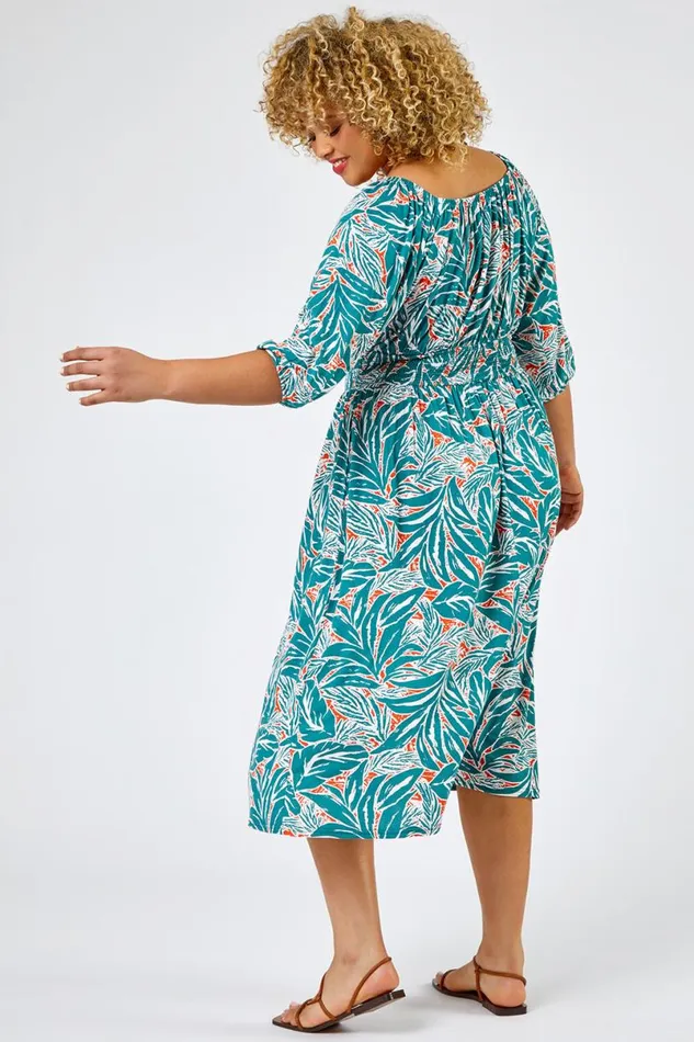 Green Curve Palm Leaf Print Shirred Midi Dress Women Roman Dresses