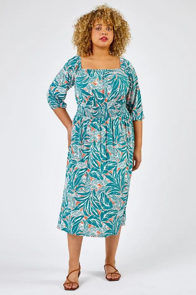 Green Curve Palm Leaf Print Shirred Midi Dress Women Roman Dresses