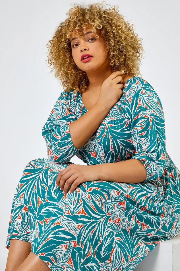 Green Curve Palm Leaf Print Shirred Midi Dress Women Roman Dresses