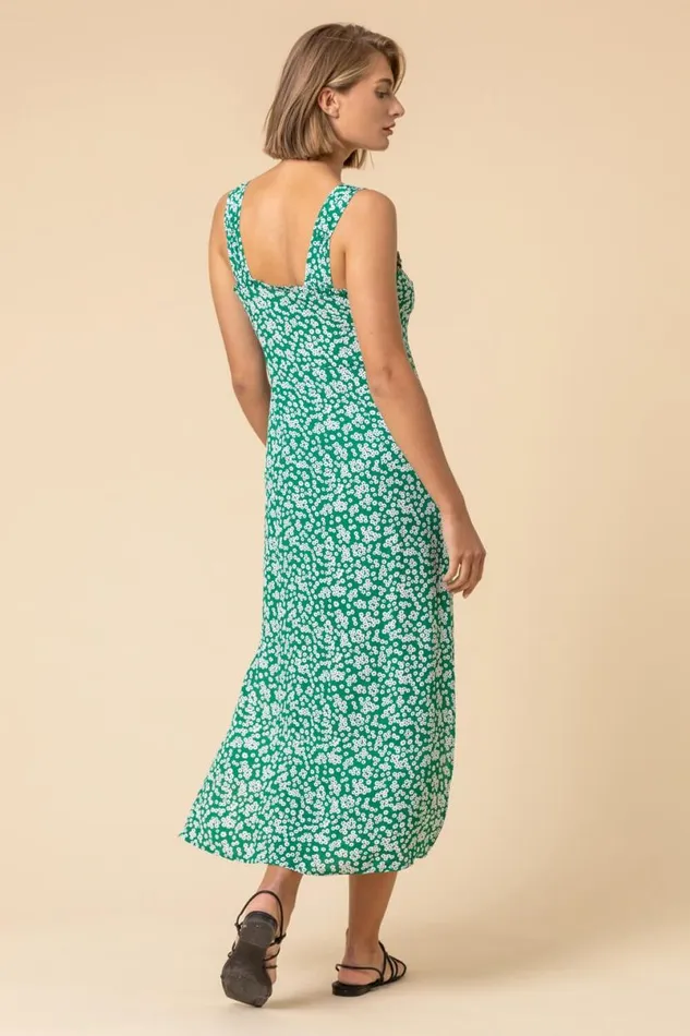 Green Ditsy Floral Button Through Dress Women Roman Dresses