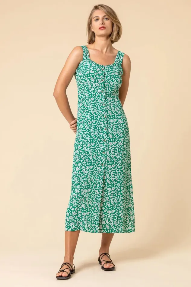 Green Ditsy Floral Button Through Dress Women Roman Dresses
