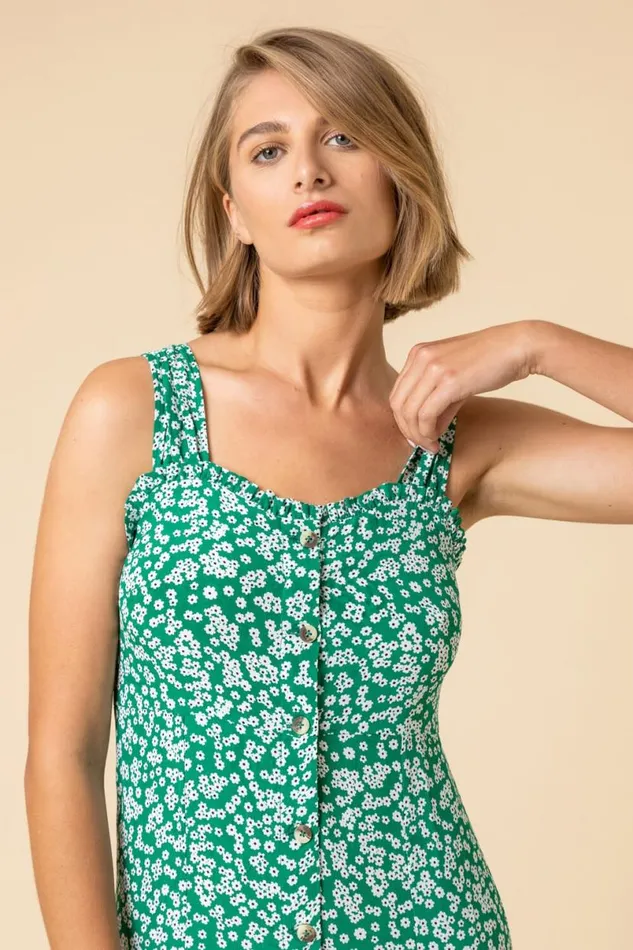Green Ditsy Floral Button Through Dress Women Roman Dresses
