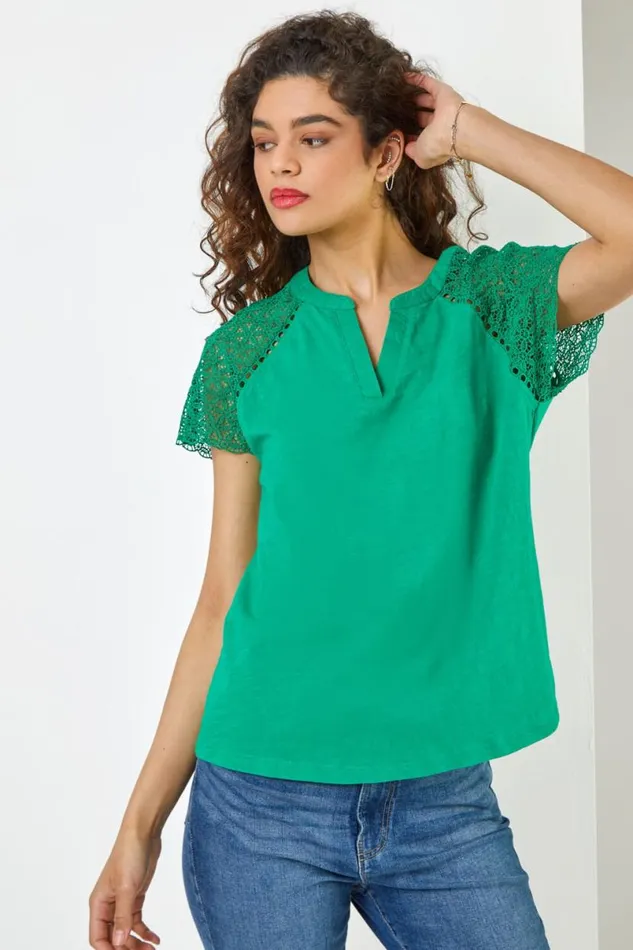 Green Embroidered Sleeve VNeck Jersey TShirt Women Roman Tops