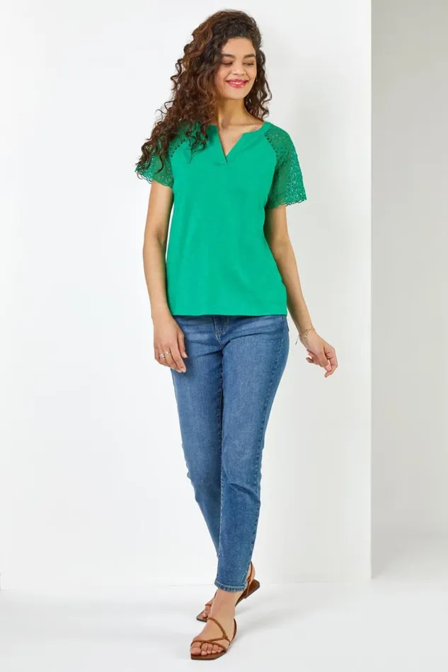 Green Embroidered Sleeve VNeck Jersey TShirt Women Roman Tops
