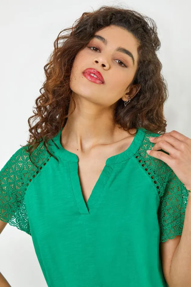 Green Embroidered Sleeve VNeck Jersey TShirt Women Roman Tops