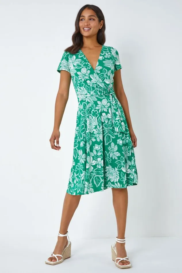 Green Floral Print Stretch Wrap Dress Women Roman Dresses