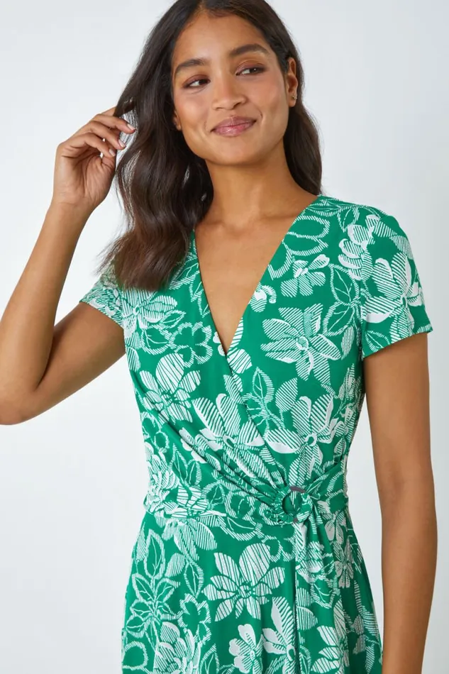 Green Floral Print Stretch Wrap Dress Women Roman Dresses