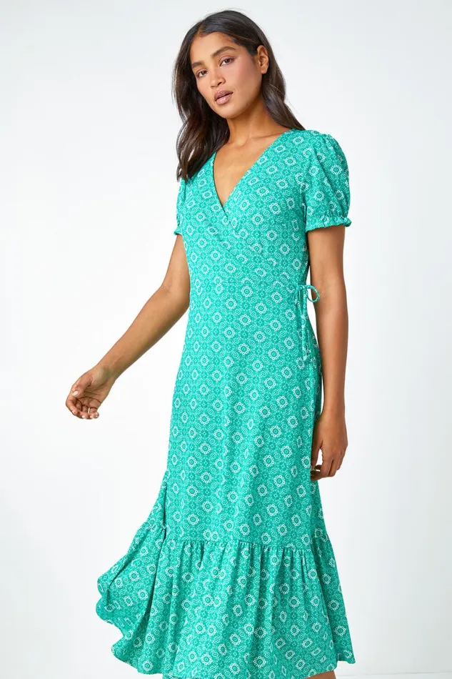 Green Geo Print Stretch Wrap Midi Dress Women Roman Occasionwear
