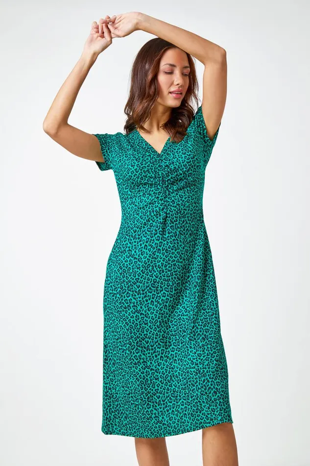 Green Leopard Print Ruched Midi Dress Women Roman Dresses