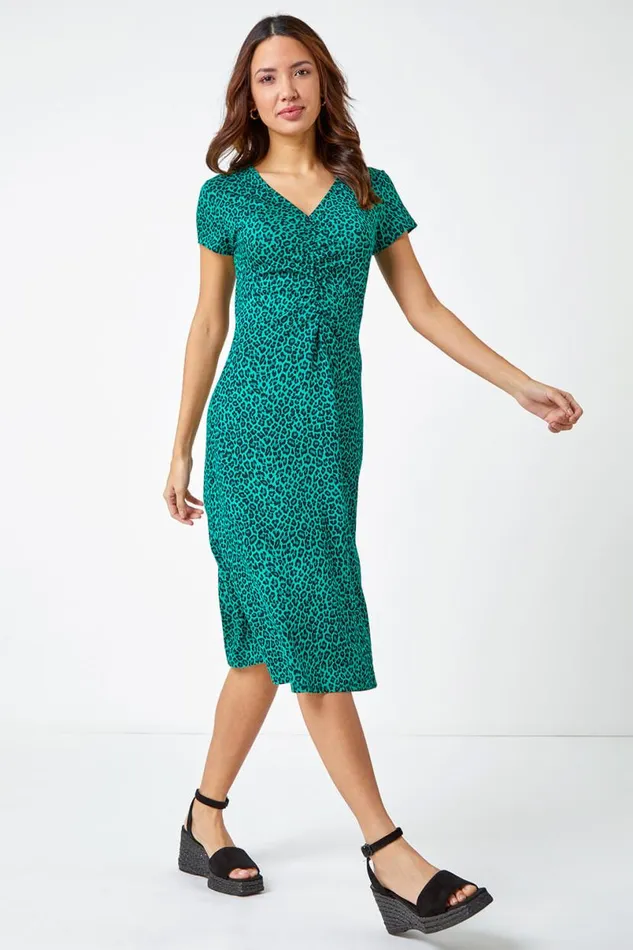 Green Leopard Print Ruched Midi Dress Women Roman Dresses