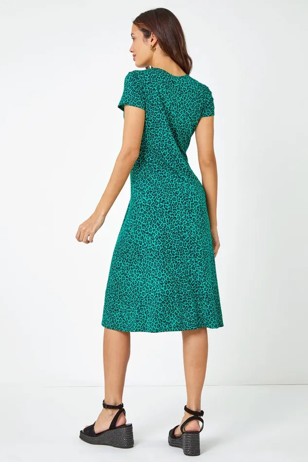 Green Leopard Print Ruched Midi Dress Women Roman Dresses