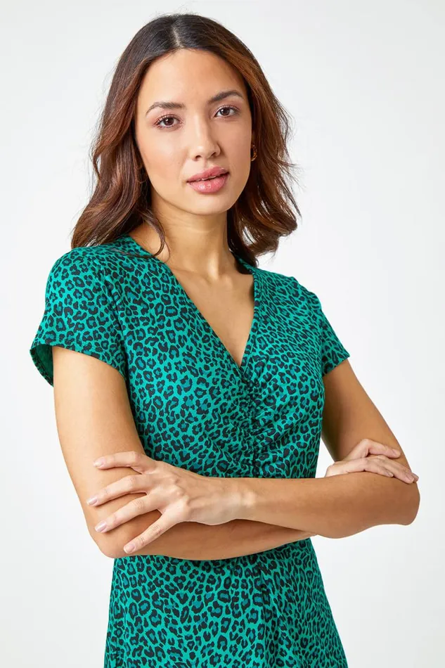 Green Leopard Print Ruched Midi Dress Women Roman Dresses