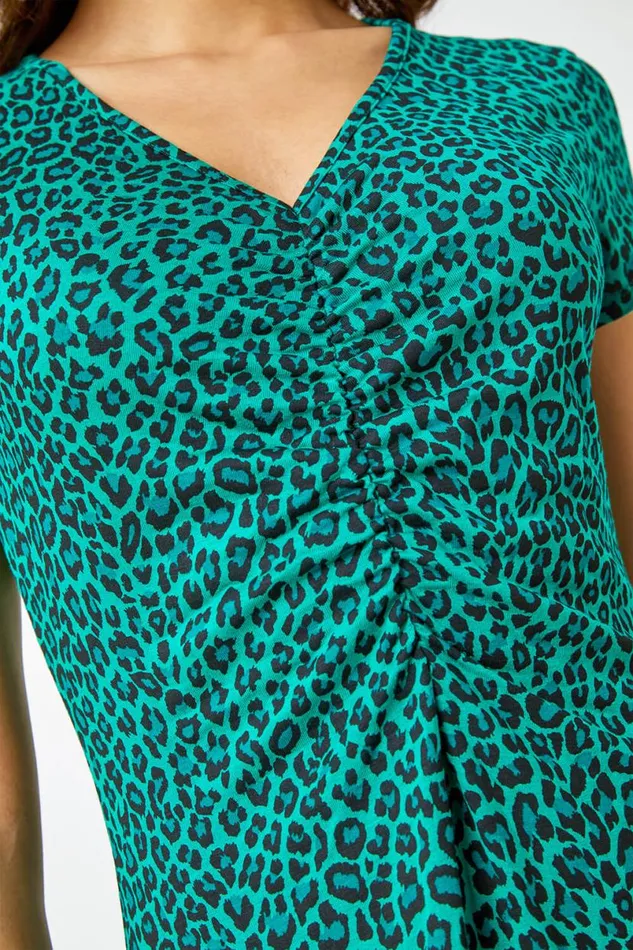 Green Leopard Print Ruched Midi Dress Women Roman Dresses