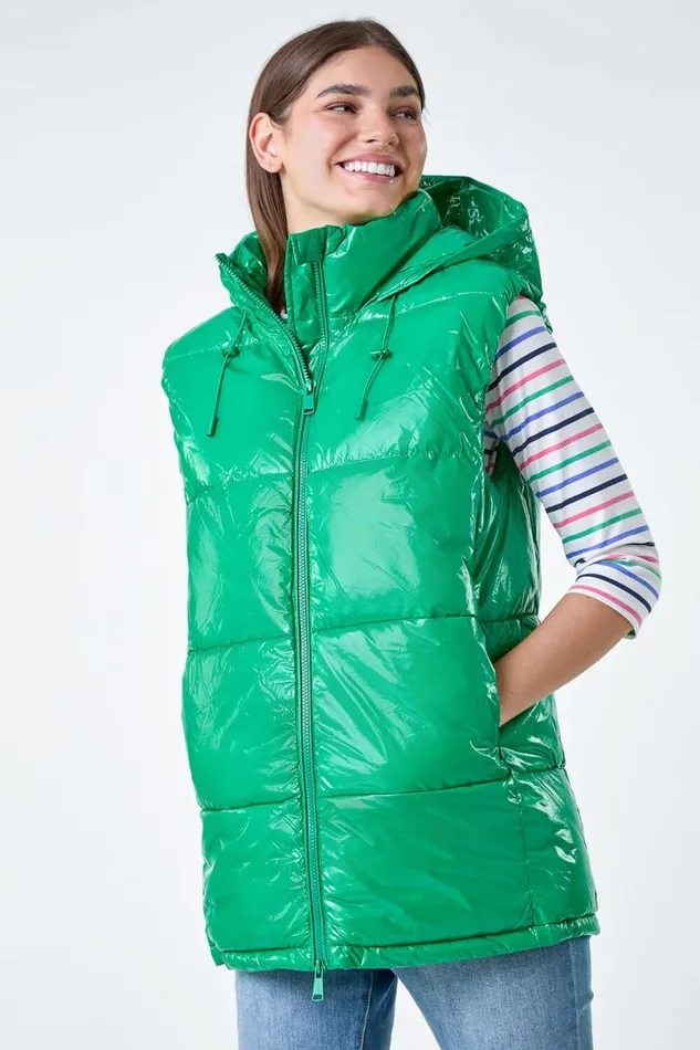 Green Patent Hooded Gilet Women Roman Coats