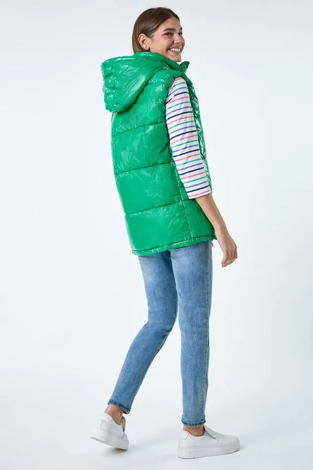 Green Patent Hooded Gilet Women Roman Coats