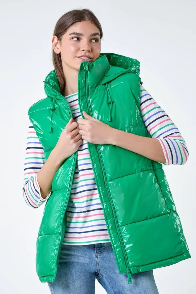 Green Patent Hooded Gilet Women Roman Coats