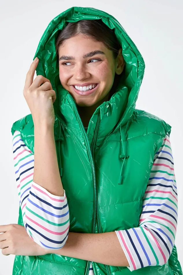 Green Patent Hooded Gilet Women Roman Coats