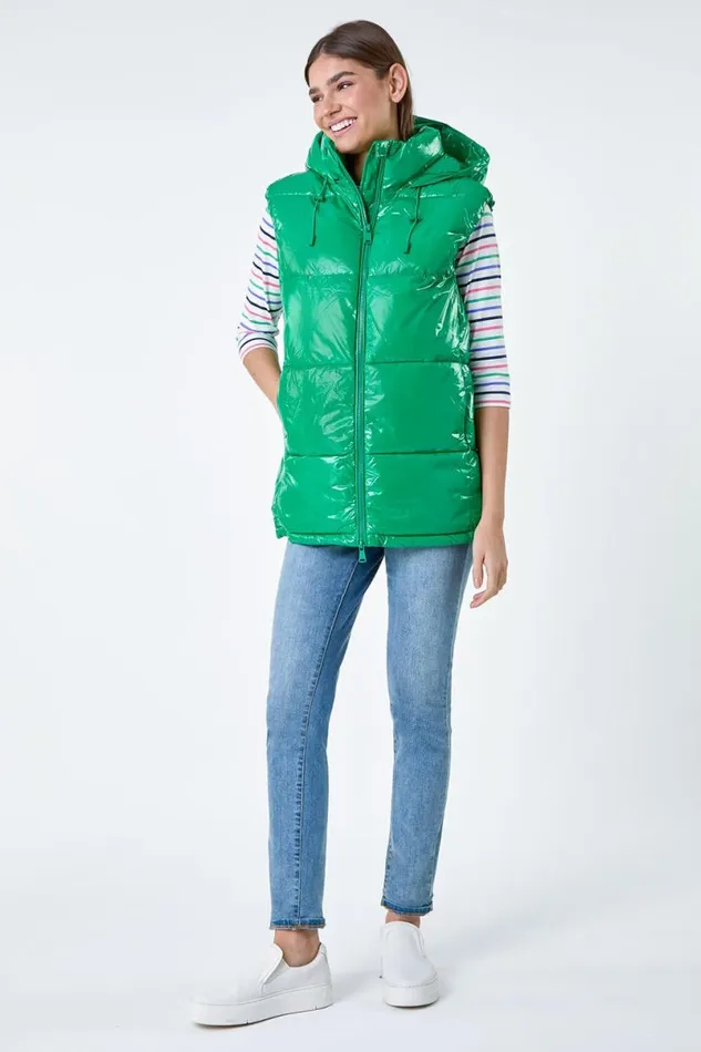 Green Patent Hooded Gilet Women Roman Coats