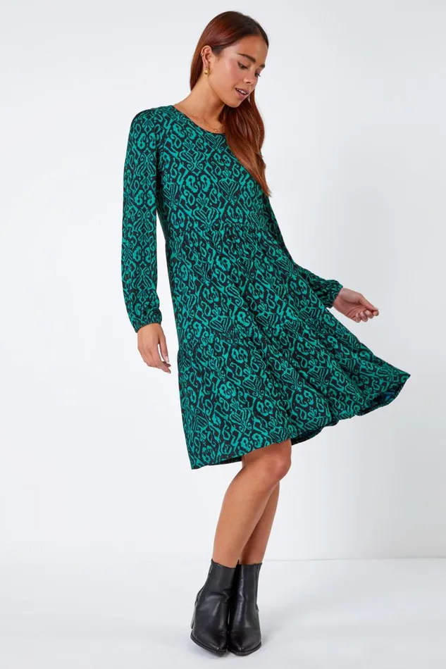 Green Petite Aztec Print Tiered Stretch Dress Women Roman Dresses