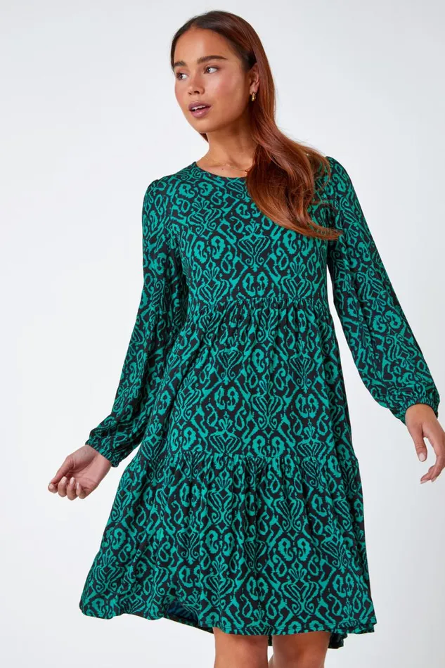 Green Petite Aztec Print Tiered Stretch Dress Women Roman Dresses