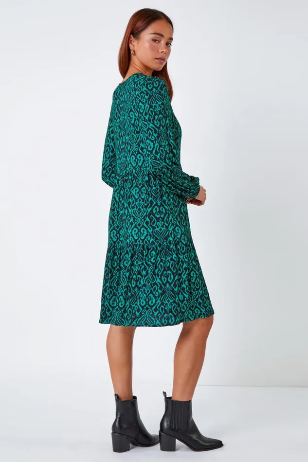 Green Petite Aztec Print Tiered Stretch Dress Women Roman Dresses