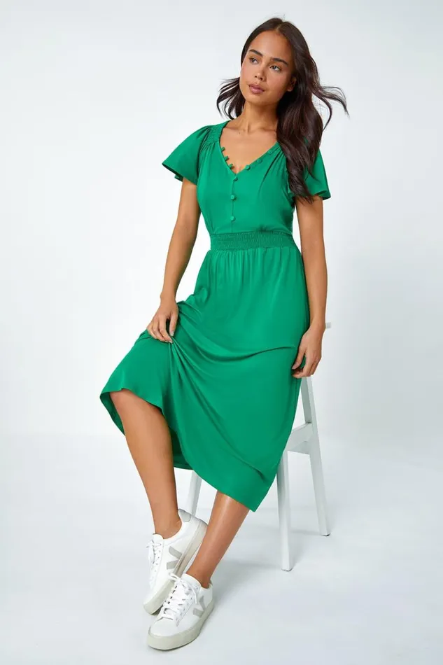 Green Petite Button Detail Stretch Midi Dress Women Roman Dresses