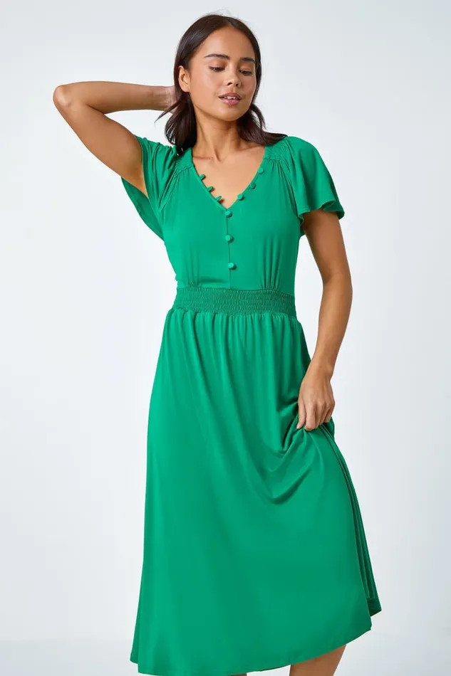 Green Petite Button Detail Stretch Midi Dress Women Roman Dresses