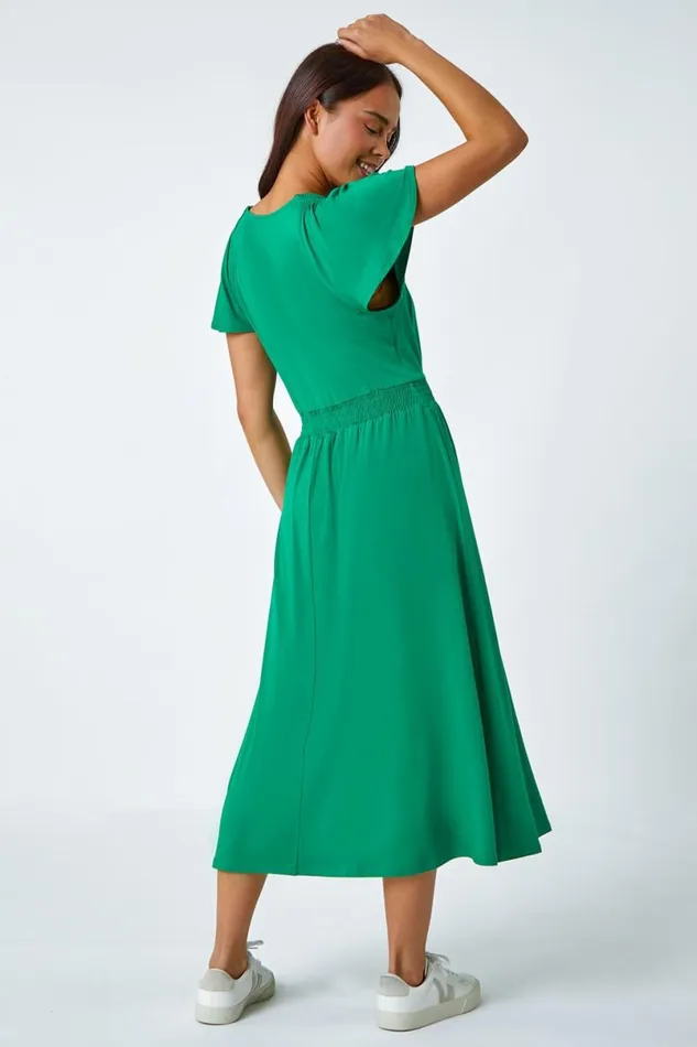 Green Petite Button Detail Stretch Midi Dress Women Roman Dresses