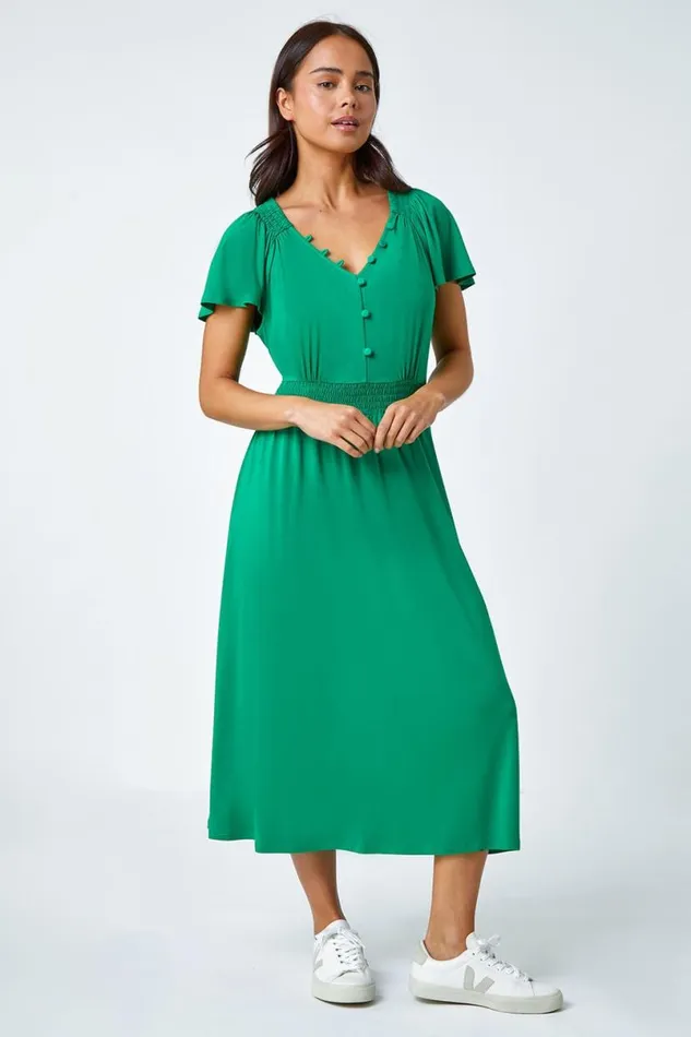 Green Petite Button Detail Stretch Midi Dress Women Roman Dresses