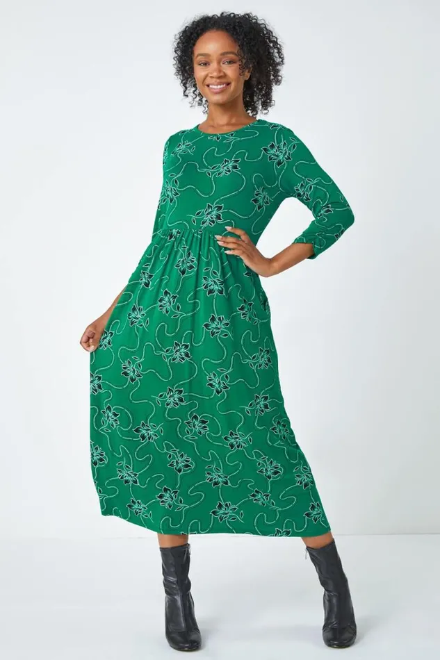 Green Petite Floral Print Stretch Midi Dress Women Roman Dresses