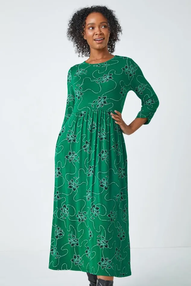 Green Petite Floral Print Stretch Midi Dress Women Roman Dresses