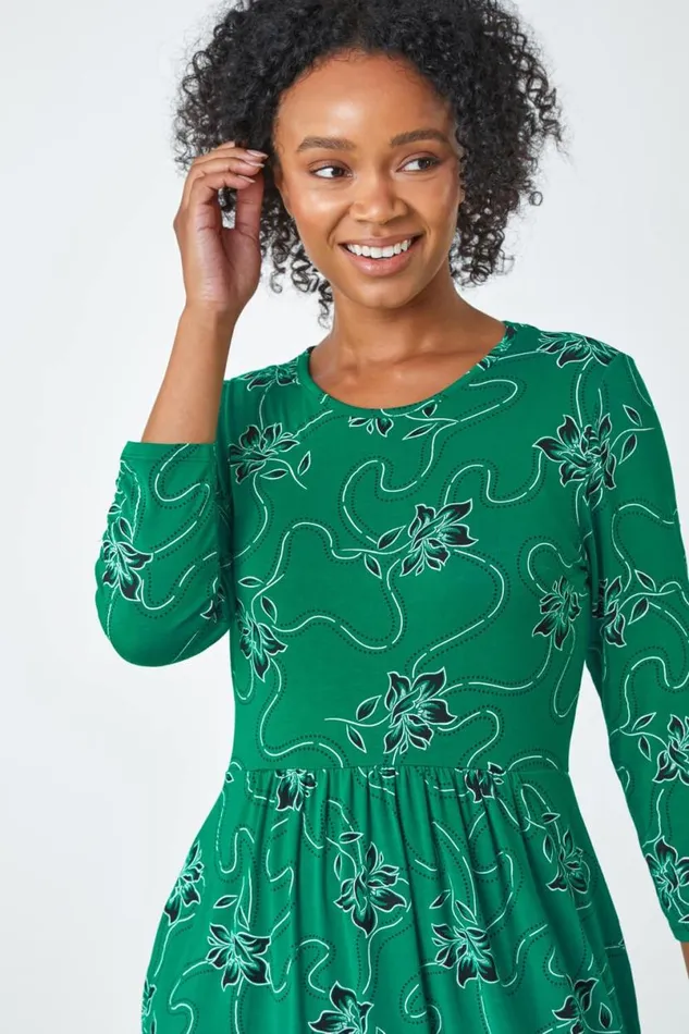 Green Petite Floral Print Stretch Midi Dress Women Roman Dresses