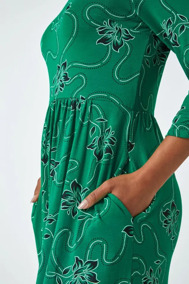 Green Petite Floral Print Stretch Midi Dress Women Roman Dresses